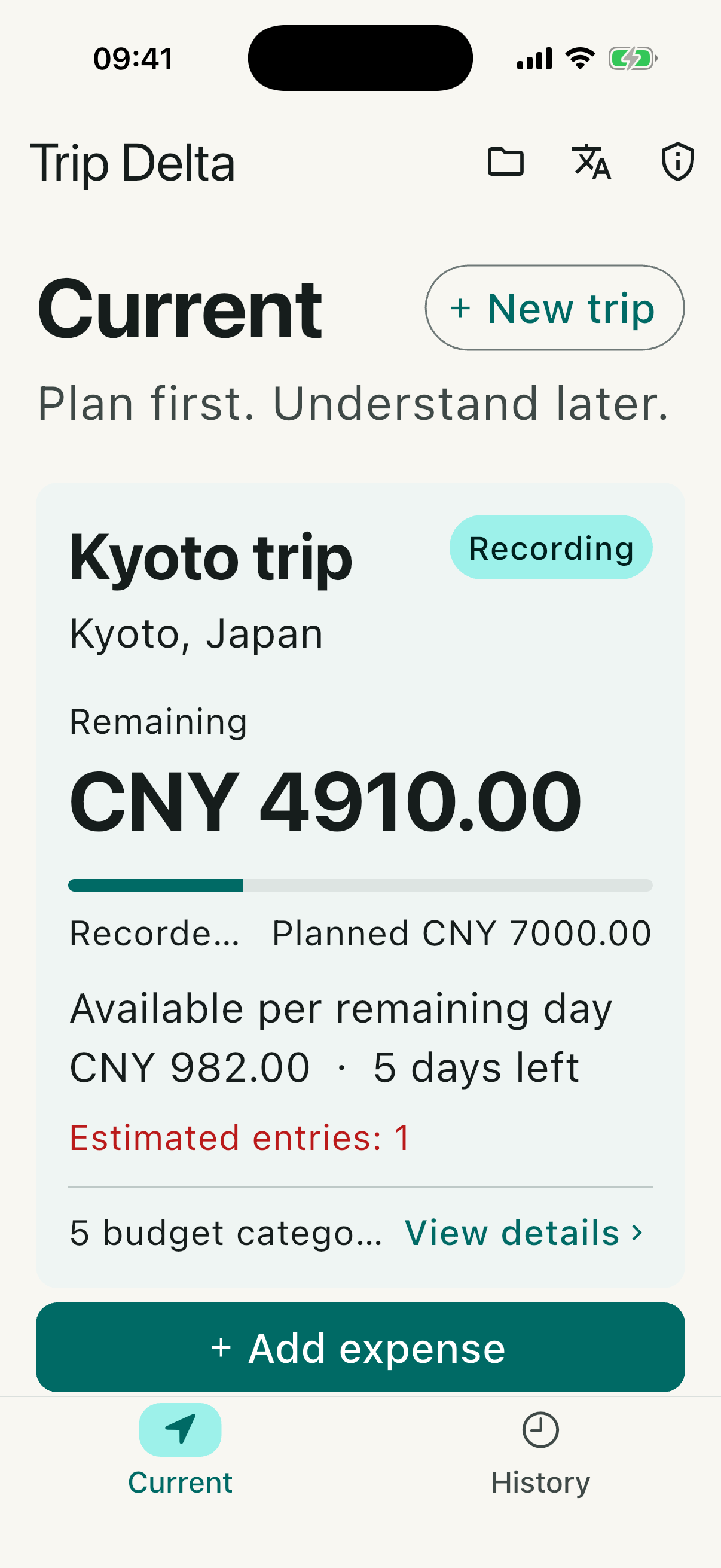 Trip Delta budget screen captured in the iOS simulator